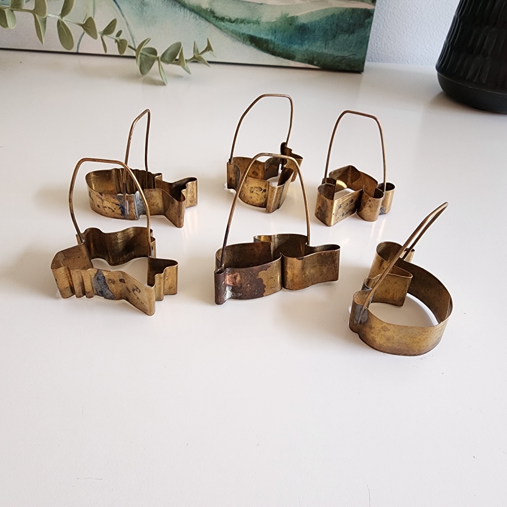 Vintage Miniature Antique Copper? Brass Cookie Cutters Set with Handles Rare